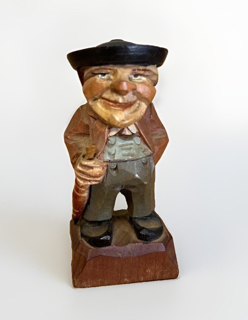 Vintage ANRI Italy Hand Carved Wood Man w/Umbrella Figurine 2.75” Label